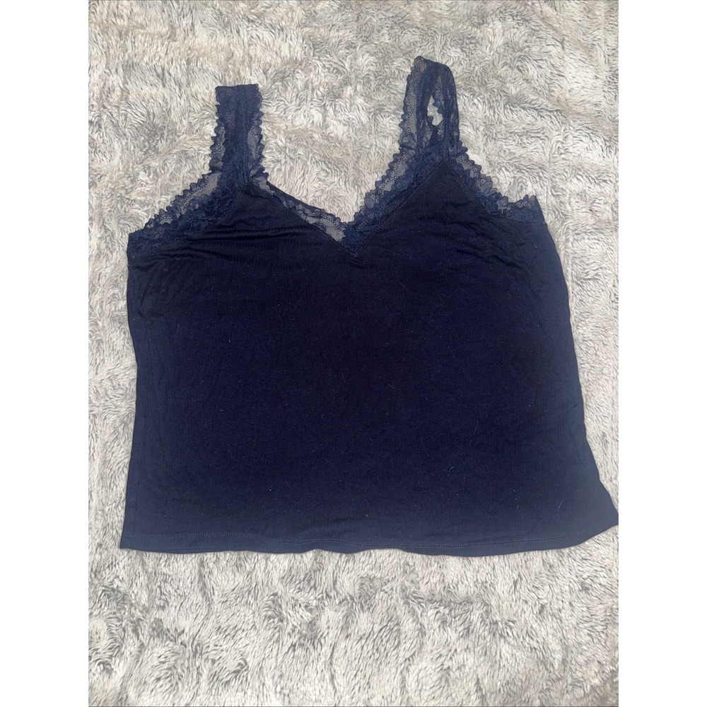 Soma Intimates Navy Blue Ribbed Lace Trim V-Neck Camisole Tank Top Large